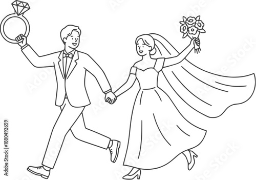 wedding couple illustration holding diamond ring and running happily in line art style