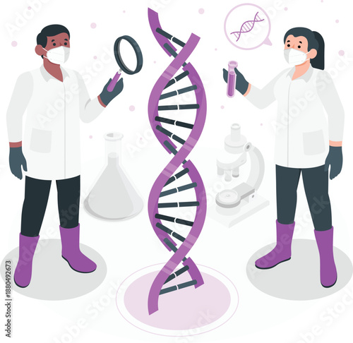 Scientists examining DNA structure in laboratory setting with detailed illustrations