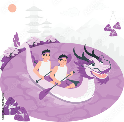 Two men rowing a dragon boat on a serene lake with a pagoda in the background, viewed from a slight aerial perspective.