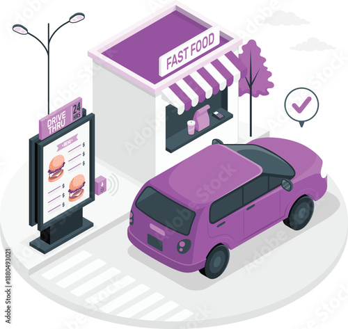 A purple car drives up to a fast food restaurant with a digital menu display on the street