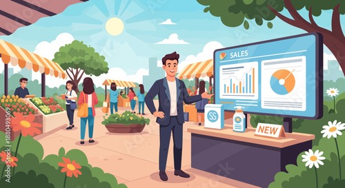 Businessman Presenting Sales Data at Outdoor Market