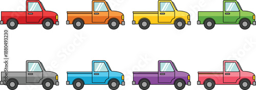 Colorful pickup truck icons set in flat cartoon vector style for transportation delivery apps games and automotive design projects