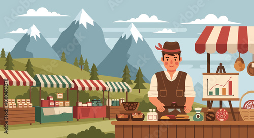 Man selling food at an outdoor mountain market stall