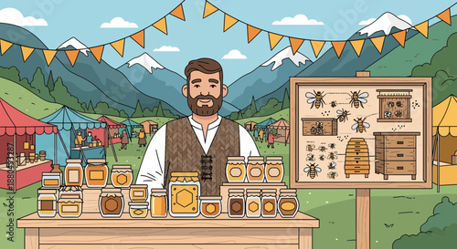 Man selling honey products at outdoor market