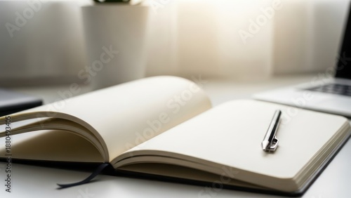 Open notebook with pen and laptop on a desk, representing work or study.
