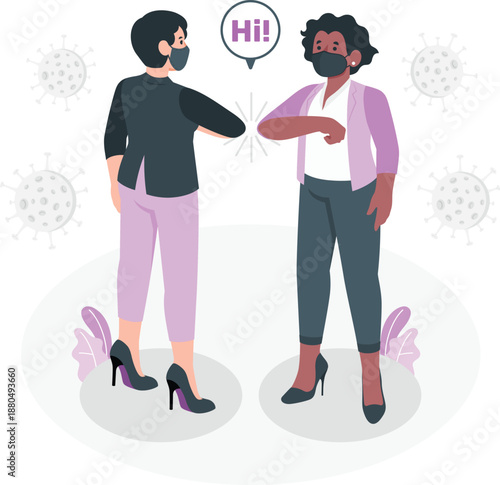 Two masked women greeting each other with a friendly gesture in a public place surrounded by virus particles