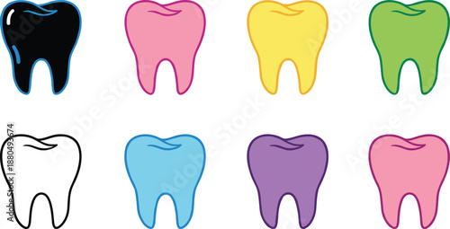 Colorful tooth and dental care icons set in flat cartoon vector style for dentistry clinics oral health and medical design projects