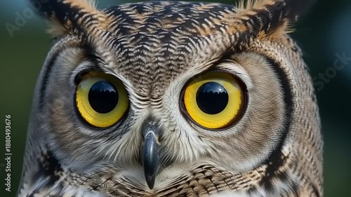 Close up of owl face with yellow eyes.