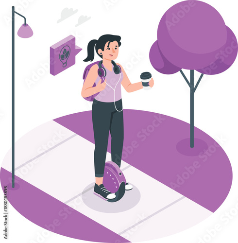 Young woman enjoying a leisurely ride on an electric scooter on a sidewalk surrounded by trees and streetlights