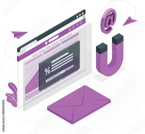 Digital marketing concept illustration with magnet attracting email on laptop screen displaying analytics and percentage