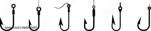 A collection of various fishing hooks displayed in black silhouette, showcasing different designs and styles for angling enthusiasts.