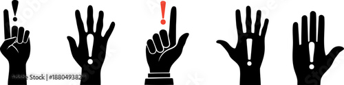 A series of stylized hand icons, showing various gestures, including indicators of caution and attention.
