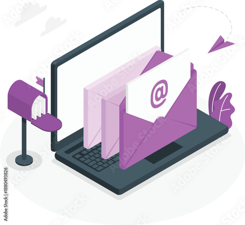 Email notification emerges from laptop screen beside a mailbox illustration in a digital scene