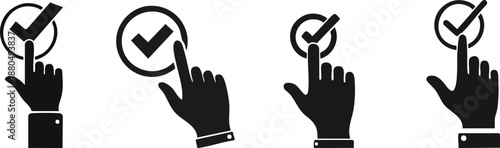 A series of hand icons indicating selection or approval, featuring fingers pressing a checkmark within circles.