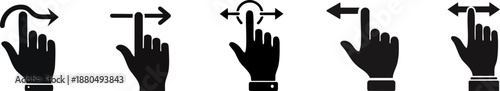 A series of black hand icons demonstrating various swipe and gesture movements commonly found in touch interfaces.