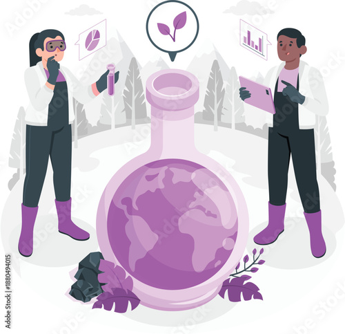 Scientists analyzing global environmental data in a futuristic laboratory setting with a large flask containing the Earth