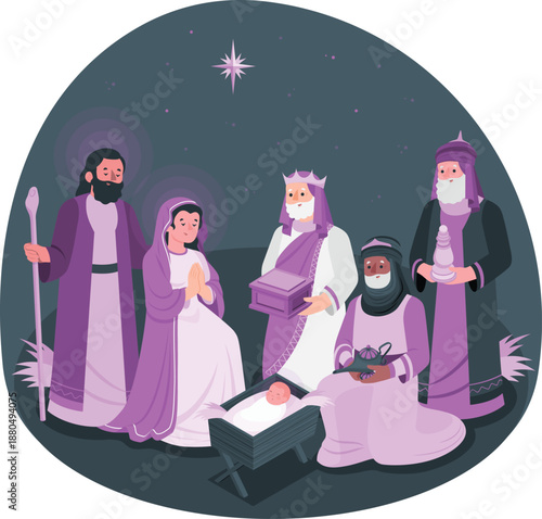 The Three Wise Men Visiting the newborn Jesus in a serene Nativity scene illustration