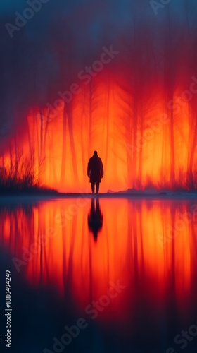 A silhouette stands by a lake, against a backdrop of fiery trees, reflecting vibrant colors, creating an atmosphere of mystery and intensity.