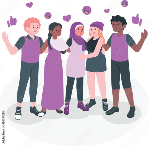 Diverse group of young adults standing together, interacting, and showing social media reactions