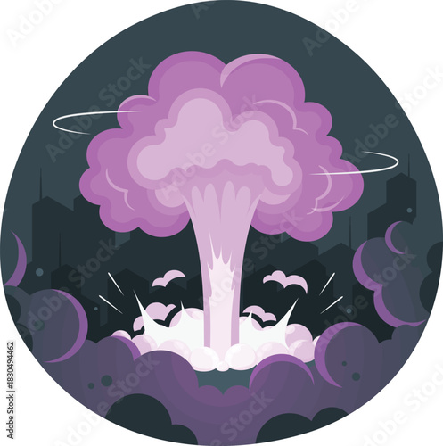 Explosion occurring in a cityscape with smoke and debris surrounding the blast area