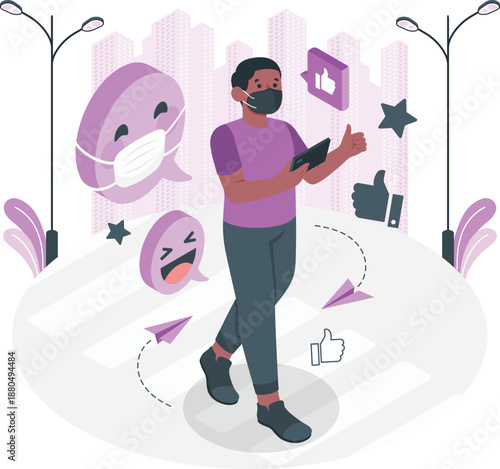 A person wearing a mask interacts with a digital device amidst social media icons and reactions in a modern urban setting viewed from the side.