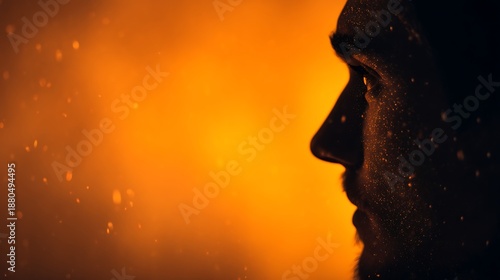 A silhouetted profile of a person against a warm, glowing background, featuring sparkling details, creating a dramatic and artistic atmosphere.