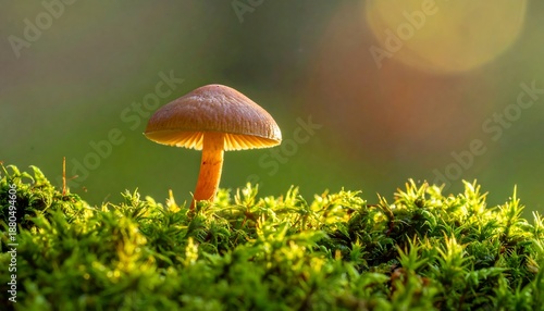 A small mushroom grows on green moss