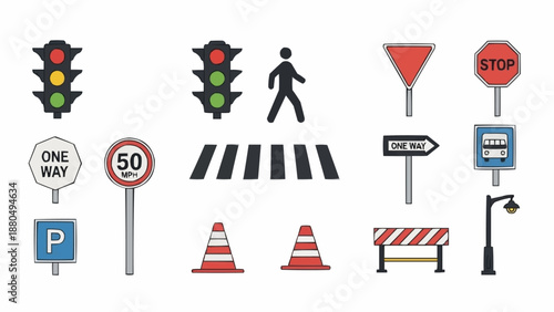Collection of traffic and road signs and symbols.