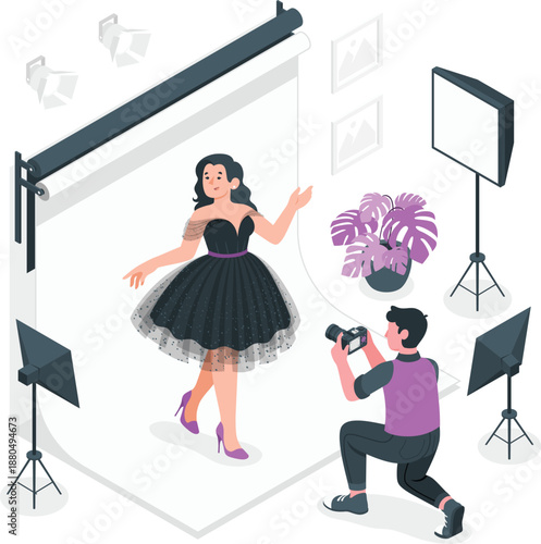 Photographer capturing a woman posing in a studio with professional lighting and camera equipment