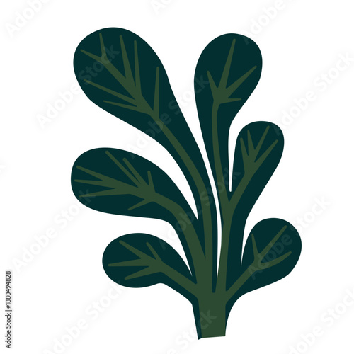 Cluster of dark green leaves on stem icon for garden themes, eco branding, or botanical design with natural density.