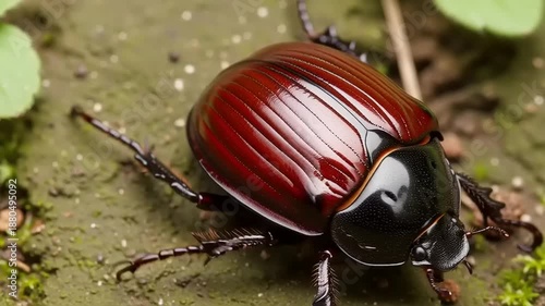 Closeup of a shiny beetle on ground.