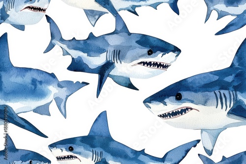 Watercolor seamless pattern of sharks, isolate on white background.