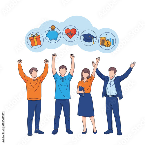Employee benefits and compensation for staff advantage, reward or bonus payment to motivate employee concept, business people with benefits, scholarship, bonus, flat vector modern illustration