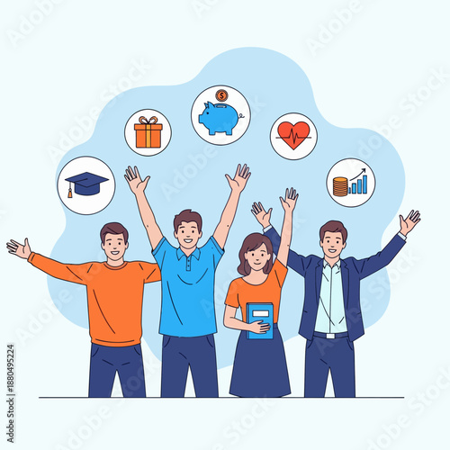 Employee benefits and compensation for staff advantage, reward or bonus payment to motivate employee concept, business people with benefits, scholarship, bonus, flat vector modern illustration