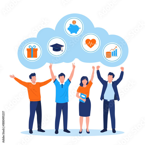 Employee benefits and compensation for staff advantage, reward or bonus payment to motivate employee concept, business people with benefits, scholarship, bonus, flat vector modern illustration
