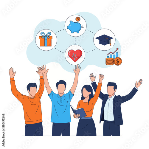 Employee benefits and compensation for staff advantage, reward or bonus payment to motivate employee concept, business people with benefits, scholarship, bonus, flat vector modern illustration