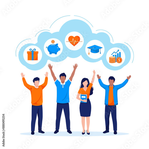 Employee benefits and compensation for staff advantage, reward or bonus payment to motivate employee concept, business people with benefits, scholarship, bonus, flat vector modern illustration