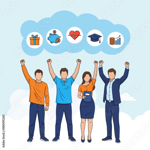 Employee benefits and compensation for staff advantage, reward or bonus payment to motivate employee concept, business people with benefits, scholarship, bonus, flat vector modern illustration
