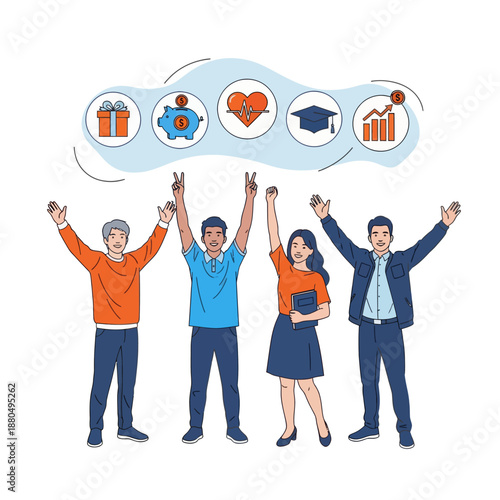 Employee benefits and compensation for staff advantage, reward or bonus payment to motivate employee concept, business people with benefits, scholarship, bonus, flat vector modern illustration