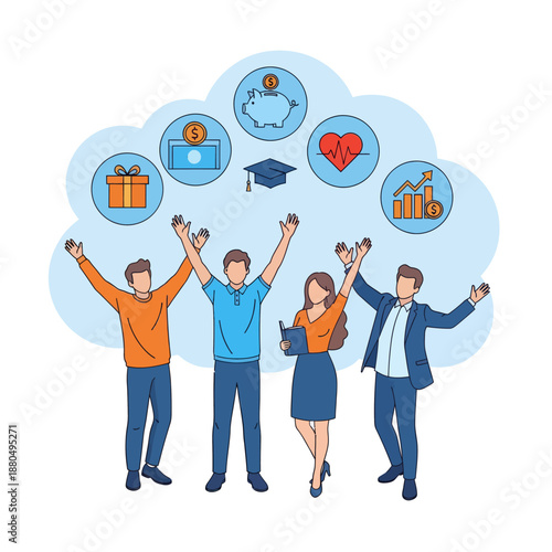 Employee benefits and compensation for staff advantage, reward or bonus payment to motivate employee concept, business people with benefits, scholarship, bonus, flat vector modern illustration