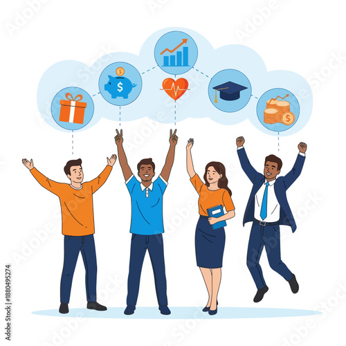 Employee benefits and compensation for staff advantage, reward or bonus payment to motivate employee concept, business people with benefits, scholarship, bonus, flat vector modern illustration