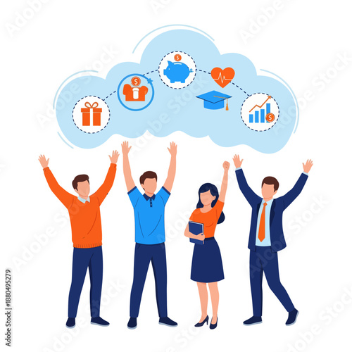 Employee benefits and compensation for staff advantage, reward or bonus payment to motivate employee concept, business people with benefits, scholarship, bonus, flat vector modern illustration