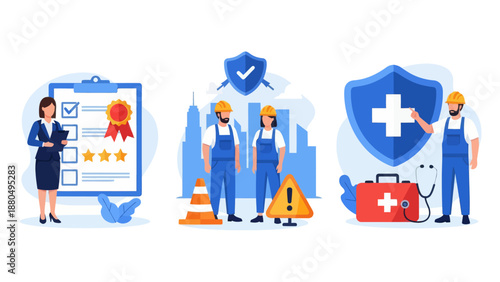 Working environment. Quality work, workplace safety, occupational health, employee performance, workplace assessment. set flat vector modern illustration