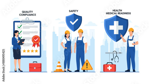 Working environment. Quality work, workplace safety, occupational health, employee performance, workplace assessment. set flat vector modern illustration