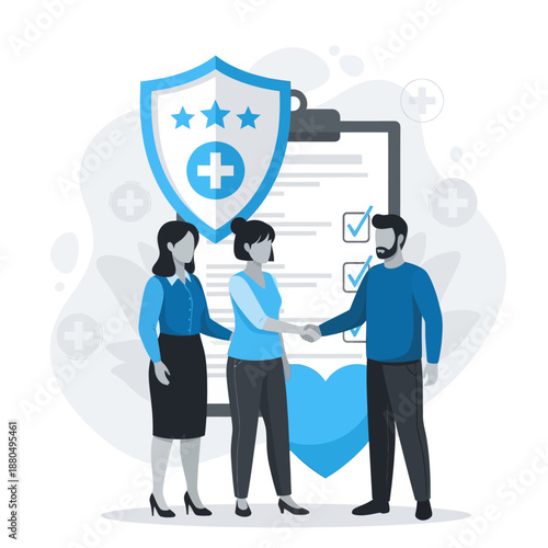 Health insurance concept. Big clipboard with document on it, Healthcare, finance and medical service, flat vector modern illustration