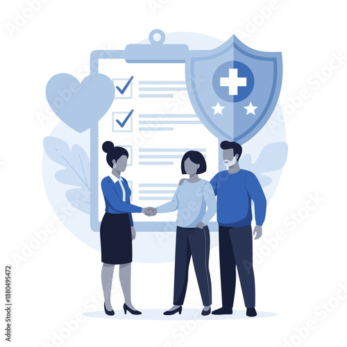 Health insurance concept. Big clipboard with document on it, Healthcare, finance and medical service, flat vector modern illustration