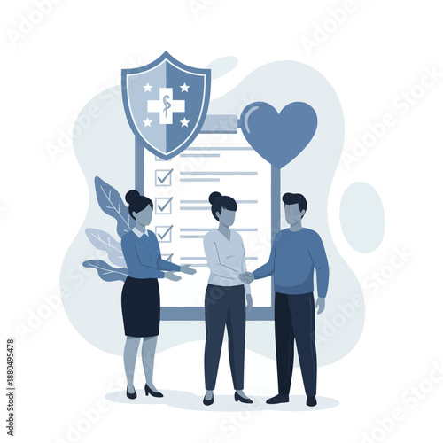 Health insurance concept. Big clipboard with document on it, Healthcare, finance and medical service, flat vector modern illustration