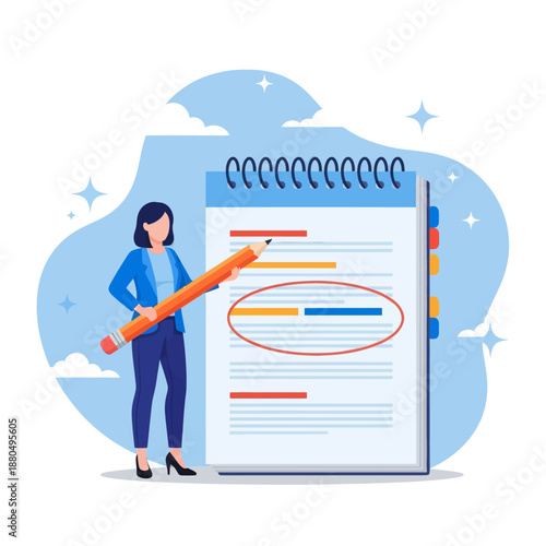 Taking note for study and work, efficient way for important information, summary or conclusion, planning or productivity concept, flat vector modern illustration