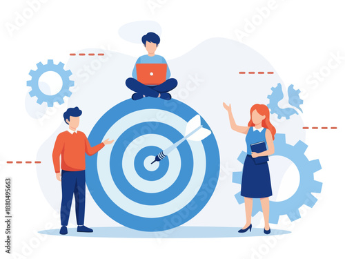 Businessmen working and woman at big target with arrow. Goals and objectives, business grow and plan, goal setting concept on white background, flat vector modern illustration 