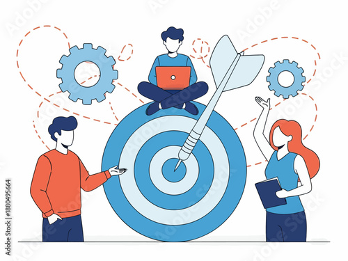 Businessmen working and woman at big target with arrow. Goals and objectives, business grow and plan, goal setting concept on white background, flat vector modern illustration 